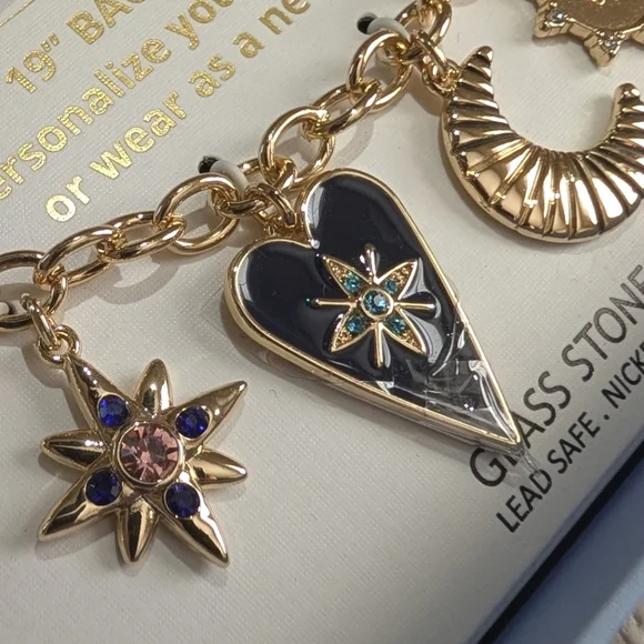 House of Harlow 1960 Bag Charm Necklace Glass Stones Celestial Hearts Stars - Picture 12 of 13